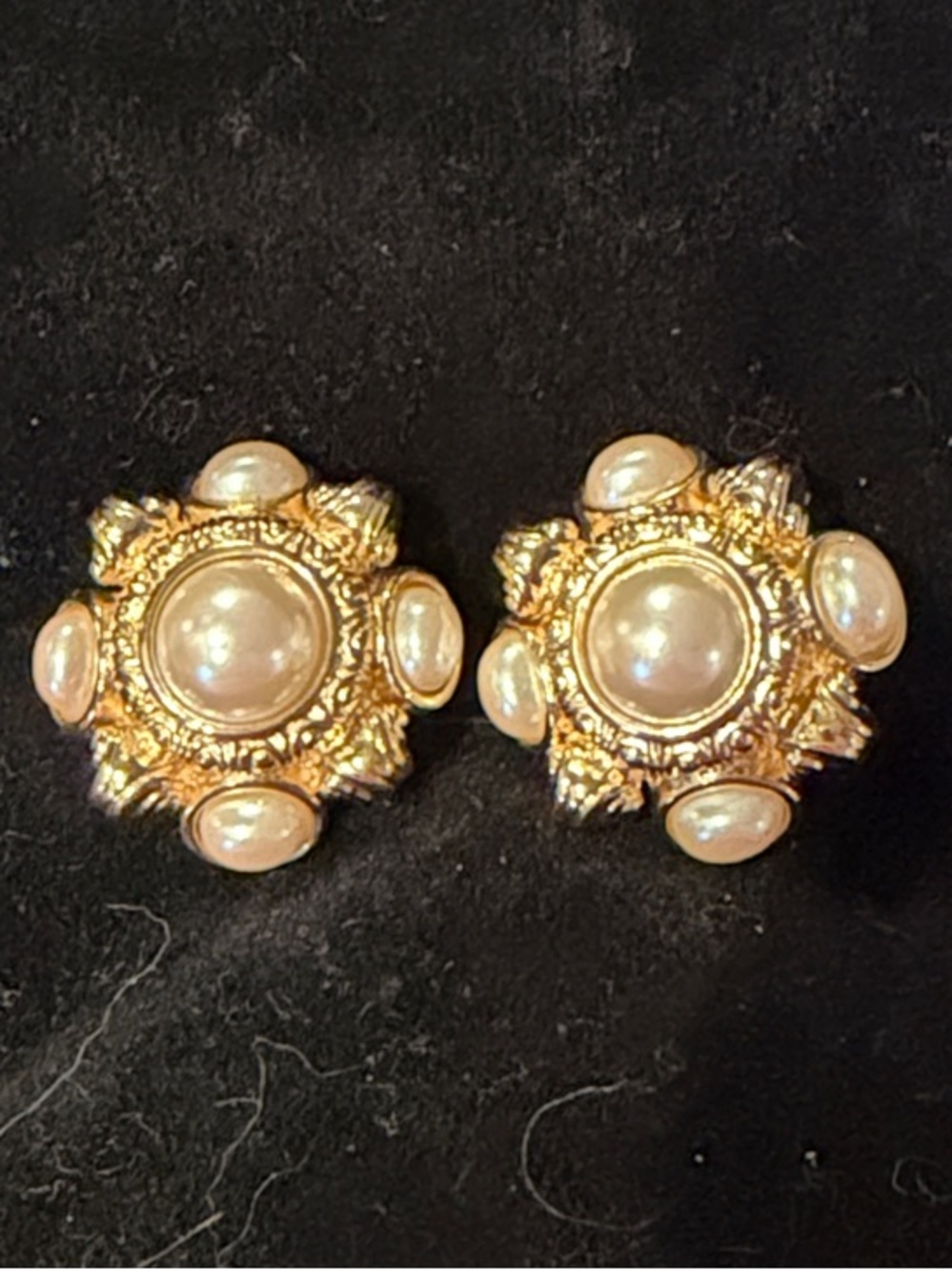 Vintage 1980’s Regal Gold and Pearl Floral Cluster Medallion Clip Earrings
